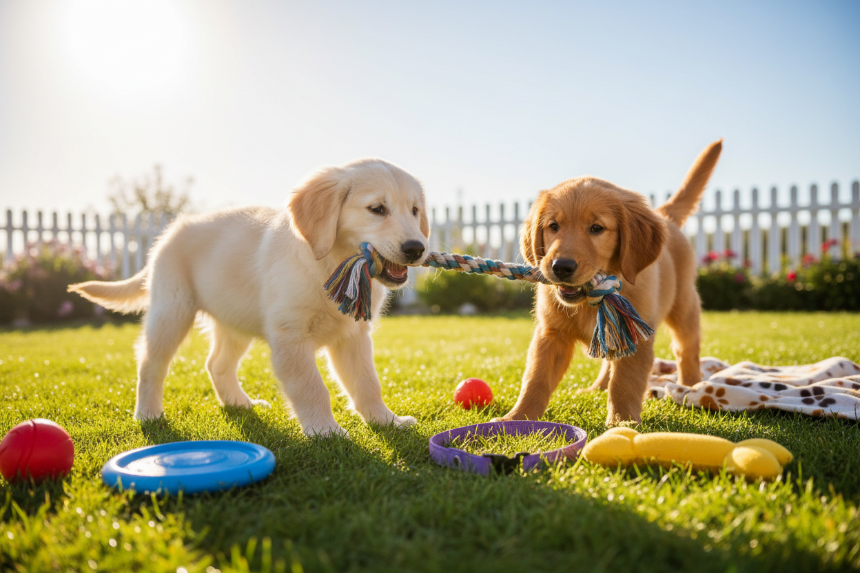 Puppies Playing with Rope Toy